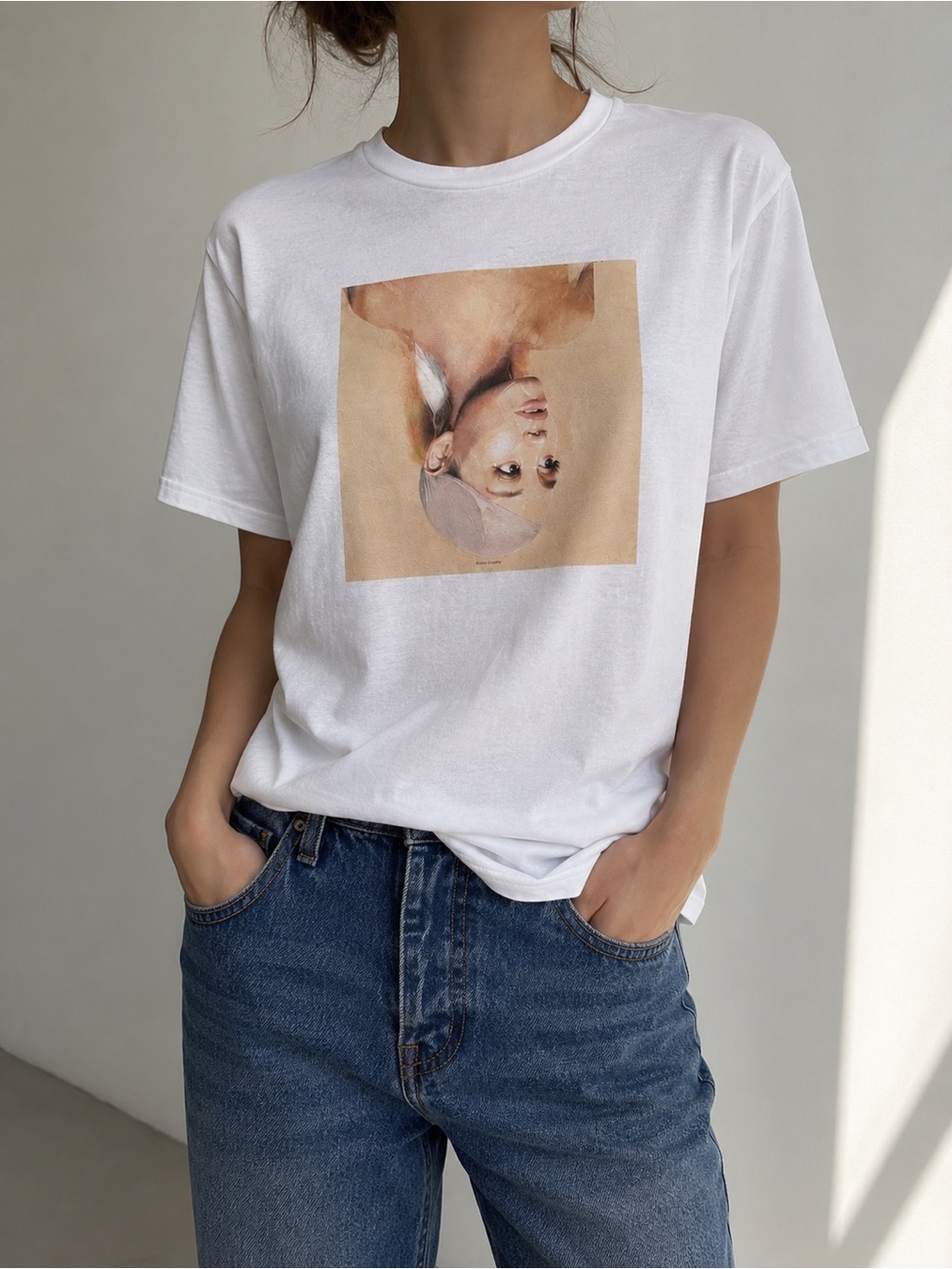 Ariana Grande White Short Sleeve Tee with Beige Portrait Print